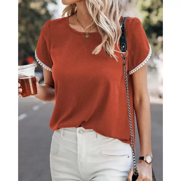 imageBTFBM 2023 Women Casual TShirts Crewneck Lace Crochet Short Sleeve Blouse Curved Hem Solid Color Loose Tunic Summer TopsSolid Orange Red
