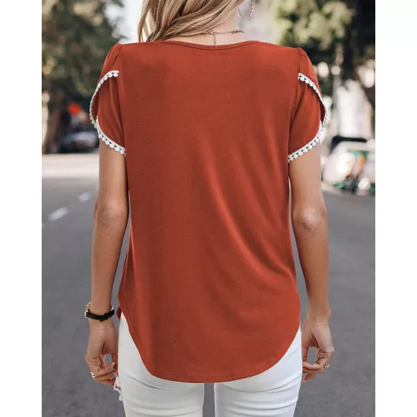 imageBTFBM 2023 Women Casual TShirts Crewneck Lace Crochet Short Sleeve Blouse Curved Hem Solid Color Loose Tunic Summer TopsSolid Orange Red