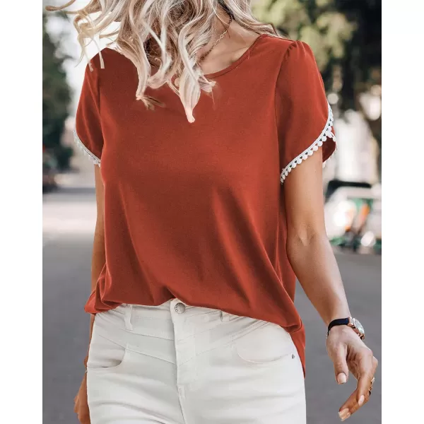 imageBTFBM 2023 Women Casual TShirts Crewneck Lace Crochet Short Sleeve Blouse Curved Hem Solid Color Loose Tunic Summer TopsSolid Orange Red