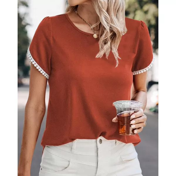 imageBTFBM 2023 Women Casual TShirts Crewneck Lace Crochet Short Sleeve Blouse Curved Hem Solid Color Loose Tunic Summer TopsSolid Orange Red