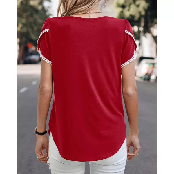 imageBTFBM 2023 Women Casual TShirts Crewneck Lace Crochet Short Sleeve Blouse Curved Hem Solid Color Loose Tunic Summer TopsSolid Red