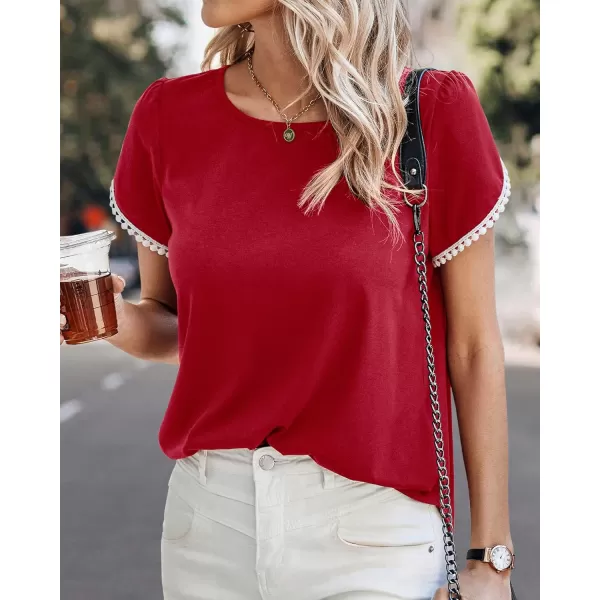 imageBTFBM 2023 Women Casual TShirts Crewneck Lace Crochet Short Sleeve Blouse Curved Hem Solid Color Loose Tunic Summer TopsSolid Red