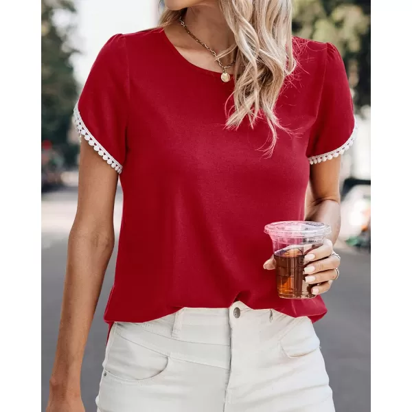 imageBTFBM 2023 Women Casual TShirts Crewneck Lace Crochet Short Sleeve Blouse Curved Hem Solid Color Loose Tunic Summer TopsSolid Red