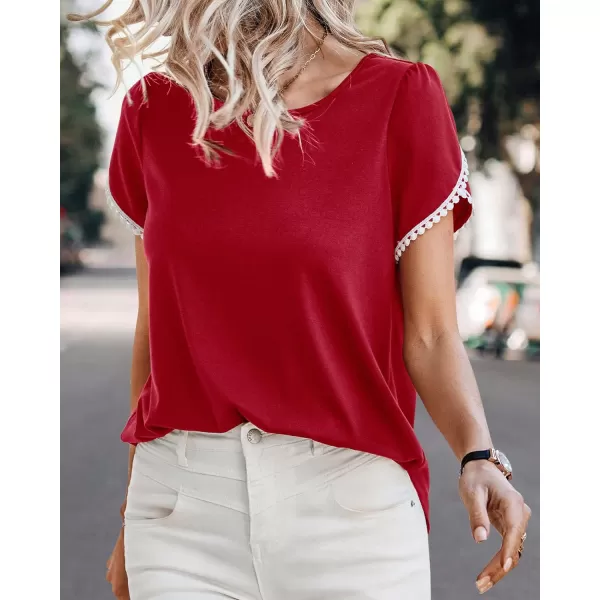 imageBTFBM 2023 Women Casual TShirts Crewneck Lace Crochet Short Sleeve Blouse Curved Hem Solid Color Loose Tunic Summer TopsSolid Red