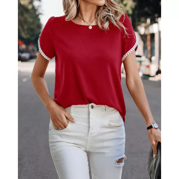 imageBTFBM 2023 Women Casual TShirts Crewneck Lace Crochet Short Sleeve Blouse Curved Hem Solid Color Loose Tunic Summer TopsSolid Red