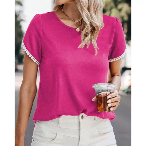 imageBTFBM 2023 Women Casual TShirts Crewneck Lace Crochet Short Sleeve Blouse Curved Hem Solid Color Loose Tunic Summer TopsSolid Rose Red