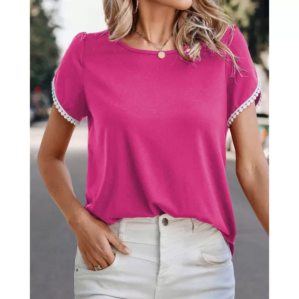 imageBTFBM 2023 Women Casual TShirts Crewneck Lace Crochet Short Sleeve Blouse Curved Hem Solid Color Loose Tunic Summer TopsSolid Rose Red