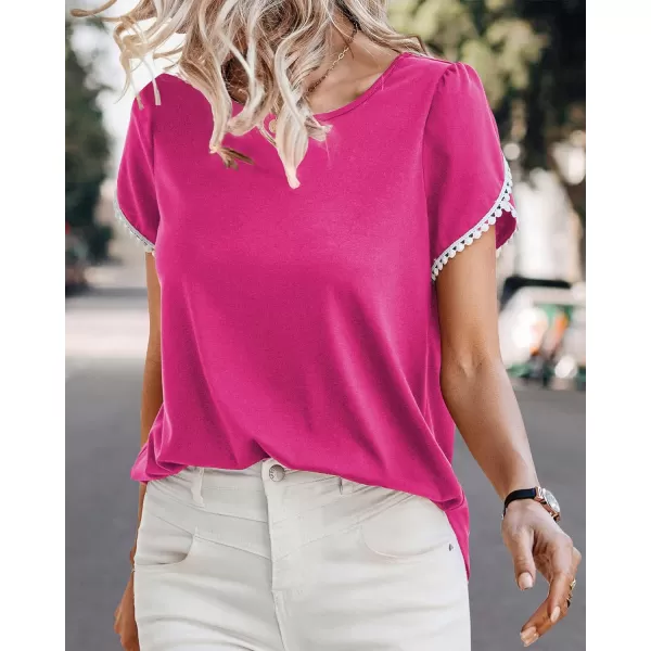 imageBTFBM 2023 Women Casual TShirts Crewneck Lace Crochet Short Sleeve Blouse Curved Hem Solid Color Loose Tunic Summer TopsSolid Rose Red
