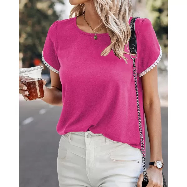 imageBTFBM 2023 Women Casual TShirts Crewneck Lace Crochet Short Sleeve Blouse Curved Hem Solid Color Loose Tunic Summer TopsSolid Rose Red