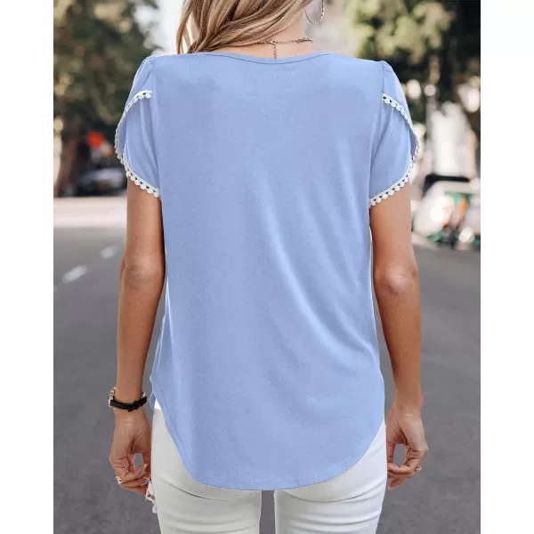 imageBTFBM 2023 Women Casual TShirts Crewneck Lace Crochet Short Sleeve Blouse Curved Hem Solid Color Loose Tunic Summer TopsSolid Sky Blue