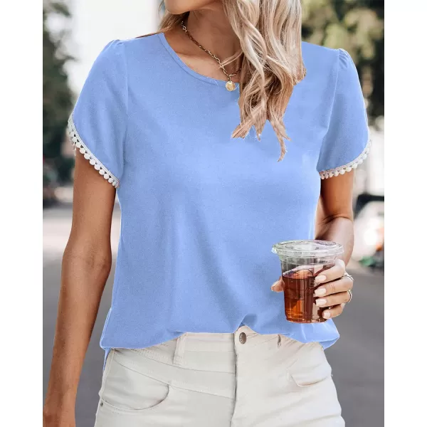 imageBTFBM 2023 Women Casual TShirts Crewneck Lace Crochet Short Sleeve Blouse Curved Hem Solid Color Loose Tunic Summer TopsSolid Sky Blue