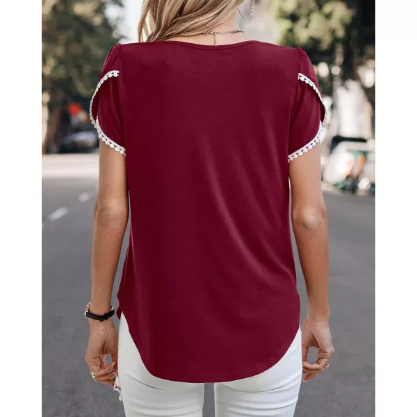 imageBTFBM 2023 Women Casual TShirts Crewneck Lace Crochet Short Sleeve Blouse Curved Hem Solid Color Loose Tunic Summer TopsSolid Wine Red