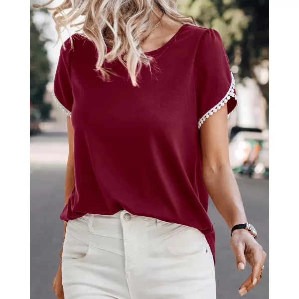 imageBTFBM 2023 Women Casual TShirts Crewneck Lace Crochet Short Sleeve Blouse Curved Hem Solid Color Loose Tunic Summer TopsSolid Wine Red