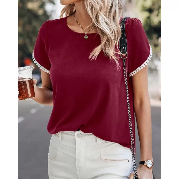 imageBTFBM 2023 Women Casual TShirts Crewneck Lace Crochet Short Sleeve Blouse Curved Hem Solid Color Loose Tunic Summer TopsSolid Wine Red