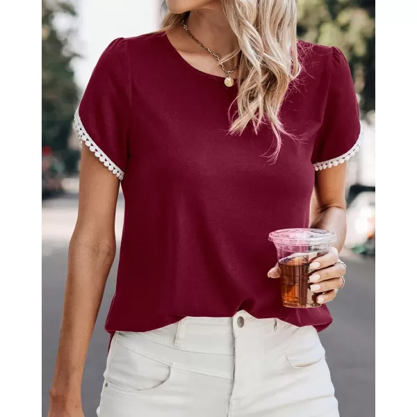 imageBTFBM 2023 Women Casual TShirts Crewneck Lace Crochet Short Sleeve Blouse Curved Hem Solid Color Loose Tunic Summer TopsSolid Wine Red