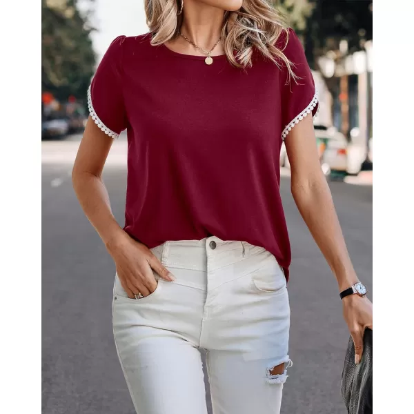 imageBTFBM 2023 Women Casual TShirts Crewneck Lace Crochet Short Sleeve Blouse Curved Hem Solid Color Loose Tunic Summer TopsSolid Wine Red