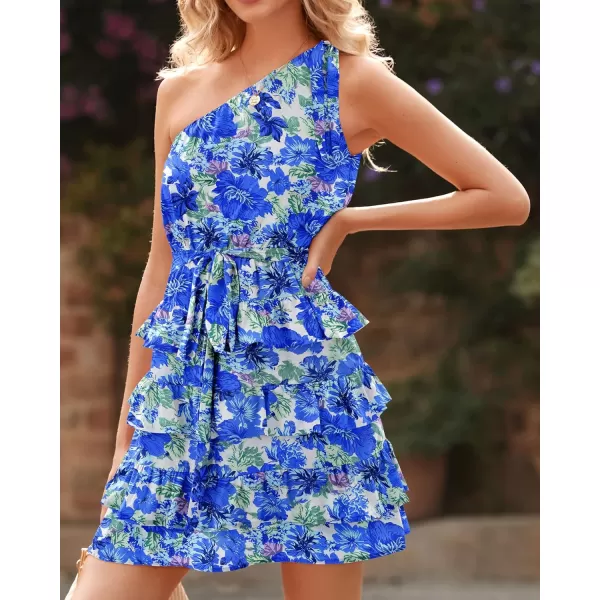 imageBTFBM 2023 Women One Shoulder Casual Summer Dresses Floral Boho High Waist Beach Ruffle Tiered A Line Flowy Mini DressFloral Blue White