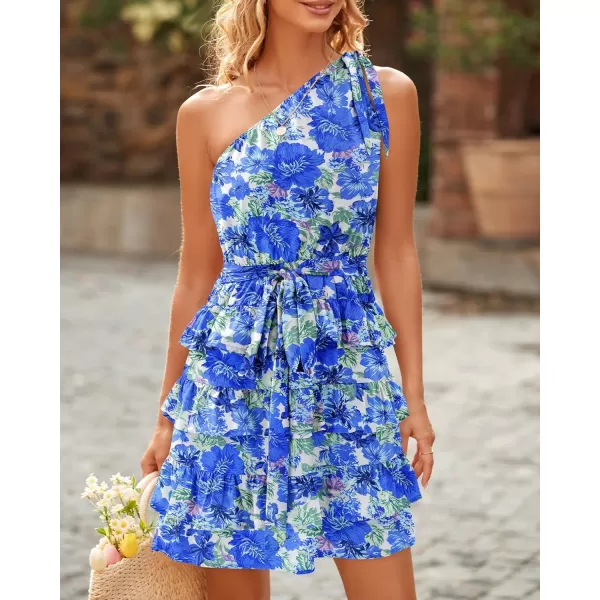 imageBTFBM 2023 Women One Shoulder Casual Summer Dresses Floral Boho High Waist Beach Ruffle Tiered A Line Flowy Mini DressFloral Blue White