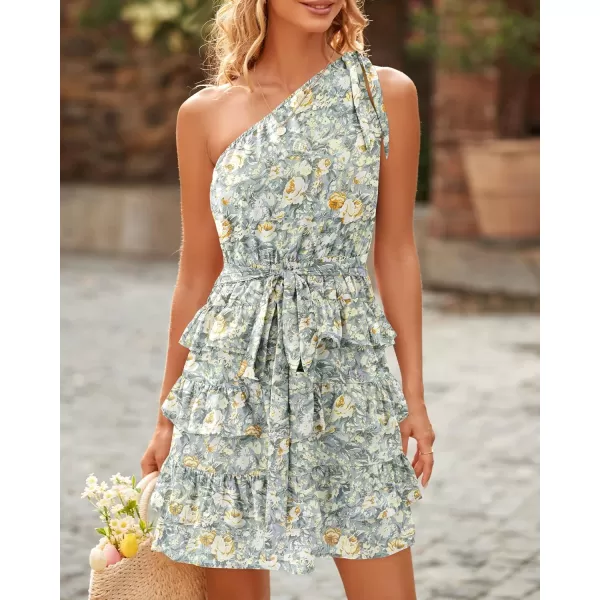 imageBTFBM 2023 Women One Shoulder Casual Summer Dresses Floral Boho High Waist Beach Ruffle Tiered A Line Flowy Mini DressFloral Green