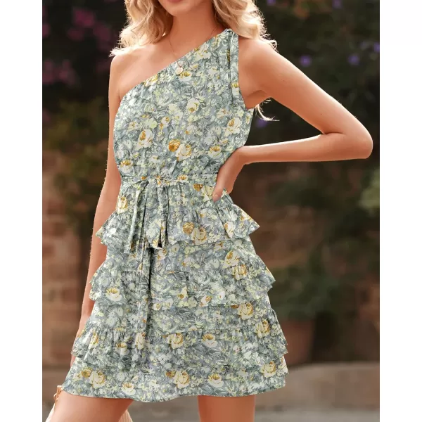 imageBTFBM 2023 Women One Shoulder Casual Summer Dresses Floral Boho High Waist Beach Ruffle Tiered A Line Flowy Mini DressFloral Green