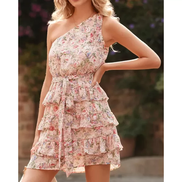imageBTFBM 2023 Women One Shoulder Casual Summer Dresses Floral Boho High Waist Beach Ruffle Tiered A Line Flowy Mini DressFloral Pink