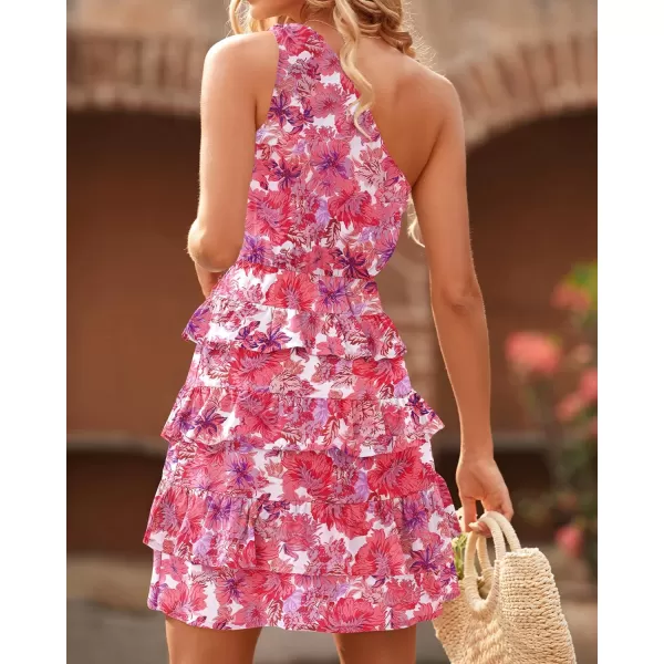 imageBTFBM 2023 Women One Shoulder Casual Summer Dresses Floral Boho High Waist Beach Ruffle Tiered A Line Flowy Mini DressFloral Pink White
