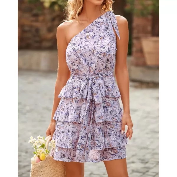 imageBTFBM 2023 Women One Shoulder Casual Summer Dresses Floral Boho High Waist Beach Ruffle Tiered A Line Flowy Mini DressFloral Purple