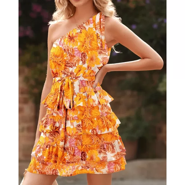 imageBTFBM 2023 Women One Shoulder Casual Summer Dresses Floral Boho High Waist Beach Ruffle Tiered A Line Flowy Mini DressFloral Yellow White
