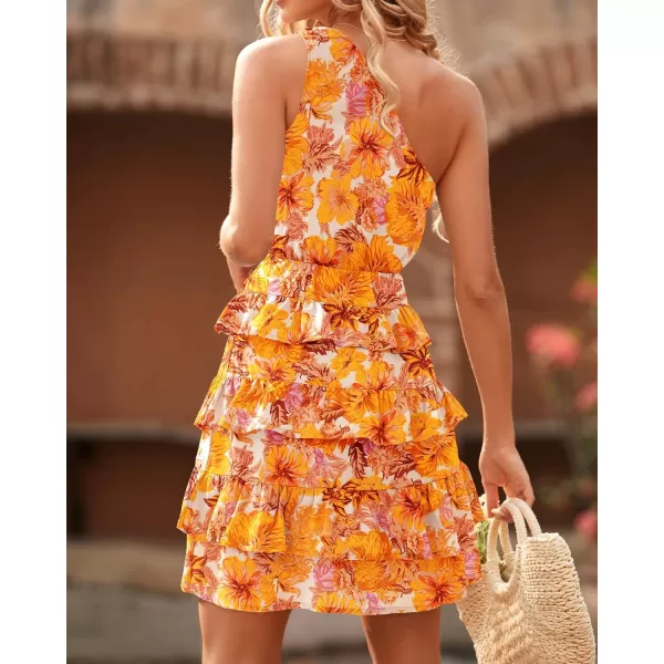 imageBTFBM 2023 Women One Shoulder Casual Summer Dresses Floral Boho High Waist Beach Ruffle Tiered A Line Flowy Mini DressFloral Yellow White