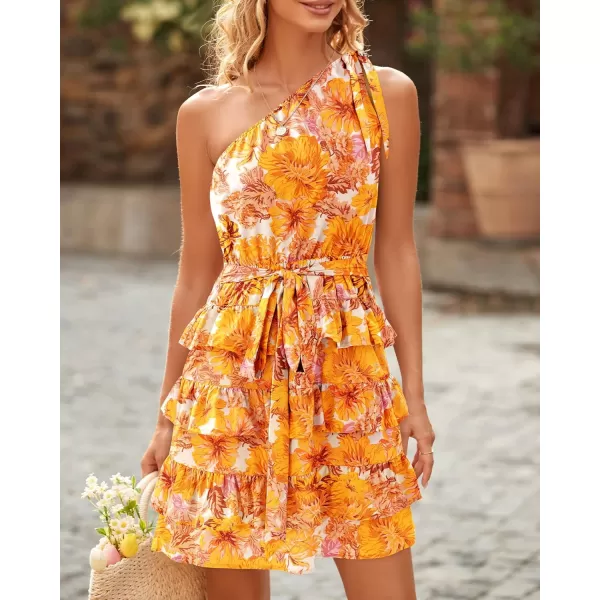 imageBTFBM 2023 Women One Shoulder Casual Summer Dresses Floral Boho High Waist Beach Ruffle Tiered A Line Flowy Mini DressFloral Yellow White