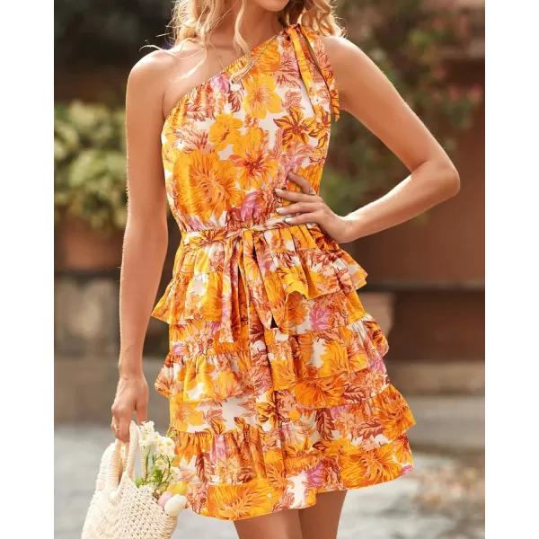 imageBTFBM 2023 Women One Shoulder Casual Summer Dresses Floral Boho High Waist Beach Ruffle Tiered A Line Flowy Mini DressFloral Yellow White