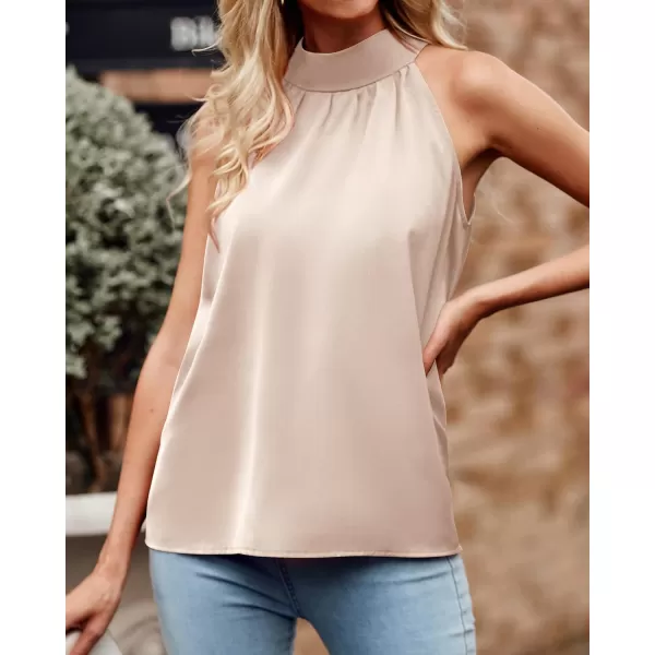 imageBTFBM 2023 Women Summer Sleeveless Tie Mock Neck Halter Tops Casual Bow Loose Tank Top Lightweight Dressy Blouse ShirtsSolid Apricot