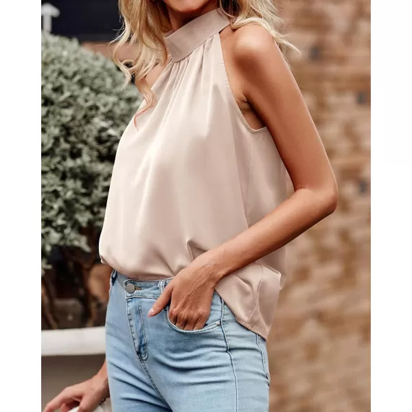 imageBTFBM 2023 Women Summer Sleeveless Tie Mock Neck Halter Tops Casual Bow Loose Tank Top Lightweight Dressy Blouse ShirtsSolid Apricot