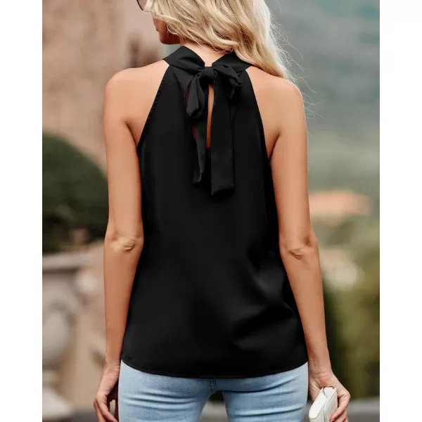 imageBTFBM 2023 Women Summer Sleeveless Tie Mock Neck Halter Tops Casual Bow Loose Tank Top Lightweight Dressy Blouse ShirtsSolid Black
