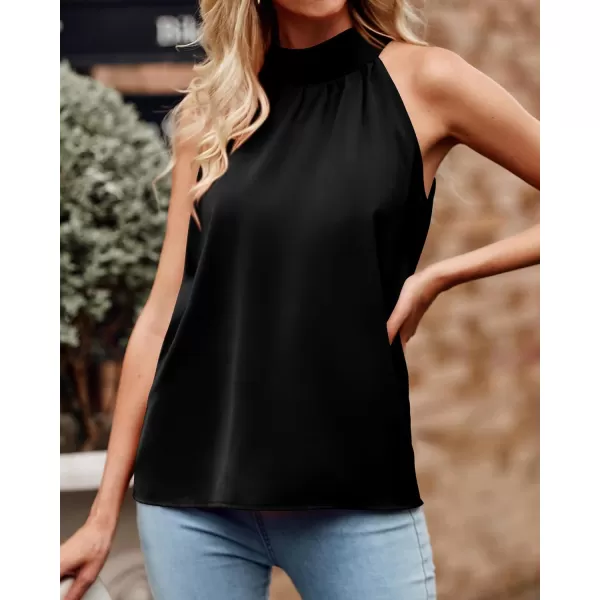 imageBTFBM 2023 Women Summer Sleeveless Tie Mock Neck Halter Tops Casual Bow Loose Tank Top Lightweight Dressy Blouse ShirtsSolid Black