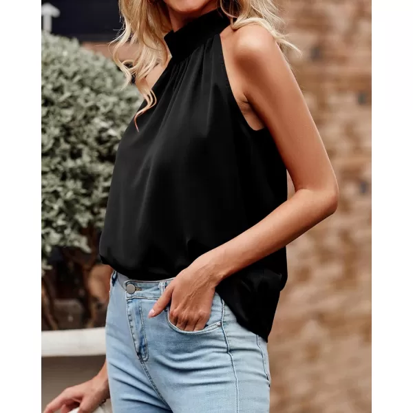imageBTFBM 2023 Women Summer Sleeveless Tie Mock Neck Halter Tops Casual Bow Loose Tank Top Lightweight Dressy Blouse ShirtsSolid Black