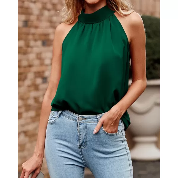 imageBTFBM 2023 Women Summer Sleeveless Tie Mock Neck Halter Tops Casual Bow Loose Tank Top Lightweight Dressy Blouse ShirtsSolid Dark Green
