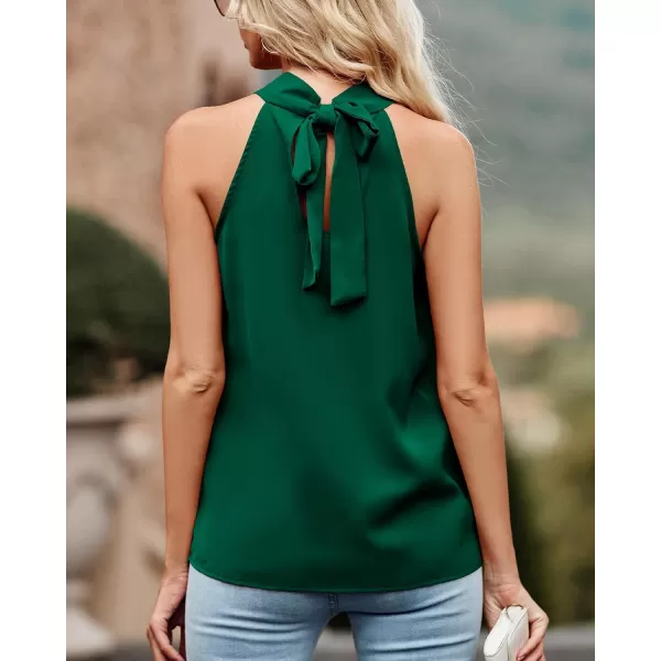 imageBTFBM 2023 Women Summer Sleeveless Tie Mock Neck Halter Tops Casual Bow Loose Tank Top Lightweight Dressy Blouse ShirtsSolid Dark Green