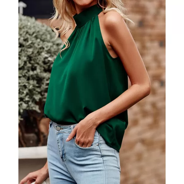 imageBTFBM 2023 Women Summer Sleeveless Tie Mock Neck Halter Tops Casual Bow Loose Tank Top Lightweight Dressy Blouse ShirtsSolid Dark Green