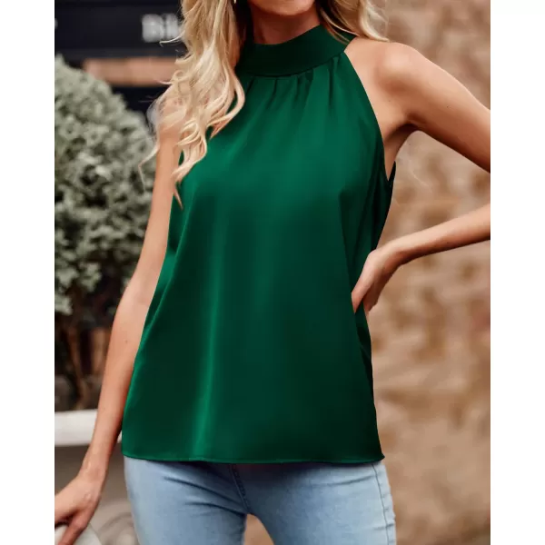 imageBTFBM 2023 Women Summer Sleeveless Tie Mock Neck Halter Tops Casual Bow Loose Tank Top Lightweight Dressy Blouse ShirtsSolid Dark Green