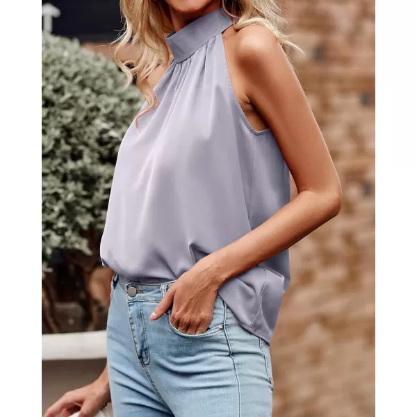 imageBTFBM 2023 Women Summer Sleeveless Tie Mock Neck Halter Tops Casual Bow Loose Tank Top Lightweight Dressy Blouse ShirtsSolid Grey
