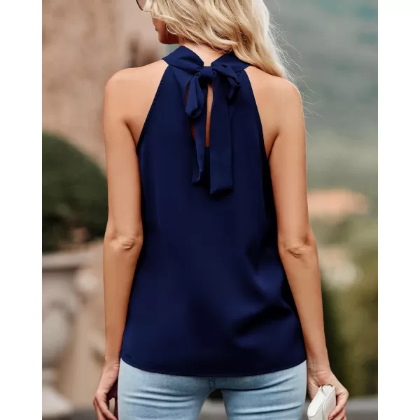 imageBTFBM 2023 Women Summer Sleeveless Tie Mock Neck Halter Tops Casual Bow Loose Tank Top Lightweight Dressy Blouse ShirtsSolid Navy
