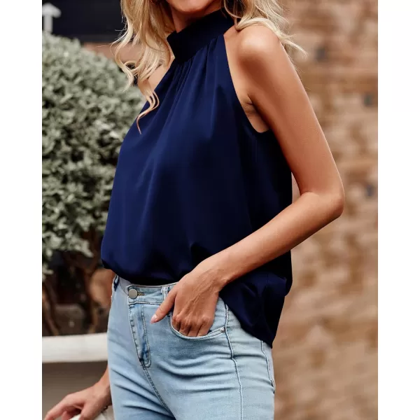 imageBTFBM 2023 Women Summer Sleeveless Tie Mock Neck Halter Tops Casual Bow Loose Tank Top Lightweight Dressy Blouse ShirtsSolid Navy