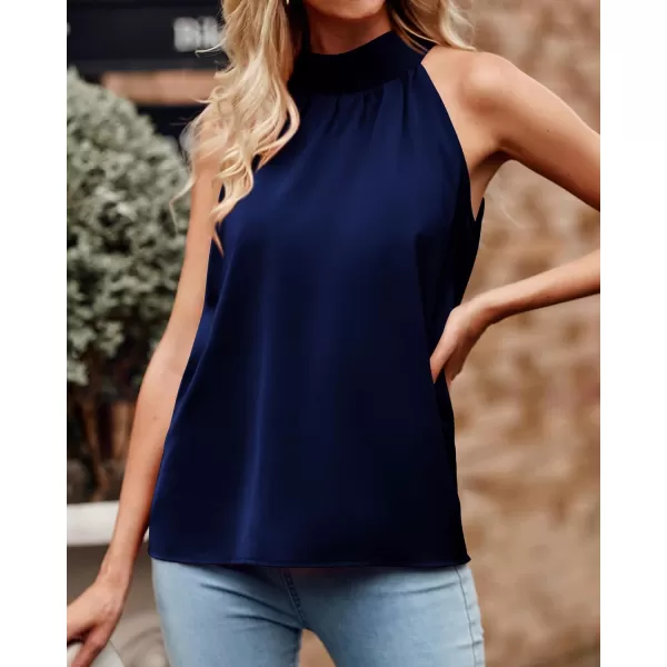 imageBTFBM 2023 Women Summer Sleeveless Tie Mock Neck Halter Tops Casual Bow Loose Tank Top Lightweight Dressy Blouse ShirtsSolid Navy