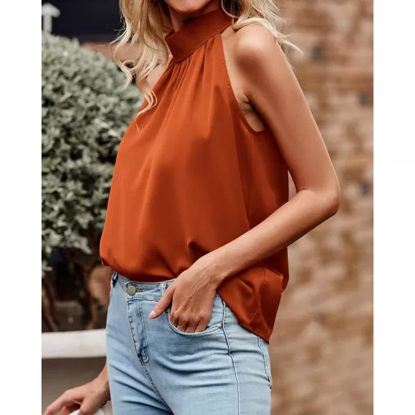 imageBTFBM 2023 Women Summer Sleeveless Tie Mock Neck Halter Tops Casual Bow Loose Tank Top Lightweight Dressy Blouse ShirtsSolid Orange