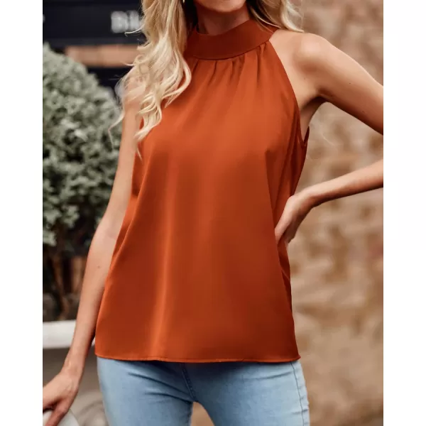 imageBTFBM 2023 Women Summer Sleeveless Tie Mock Neck Halter Tops Casual Bow Loose Tank Top Lightweight Dressy Blouse ShirtsSolid Orange