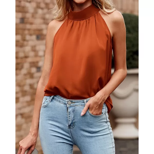 imageBTFBM 2023 Women Summer Sleeveless Tie Mock Neck Halter Tops Casual Bow Loose Tank Top Lightweight Dressy Blouse ShirtsSolid Orange