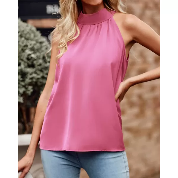 imageBTFBM 2023 Women Summer Sleeveless Tie Mock Neck Halter Tops Casual Bow Loose Tank Top Lightweight Dressy Blouse ShirtsSolid Pink