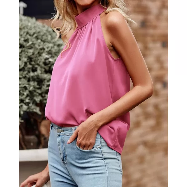 imageBTFBM 2023 Women Summer Sleeveless Tie Mock Neck Halter Tops Casual Bow Loose Tank Top Lightweight Dressy Blouse ShirtsSolid Pink
