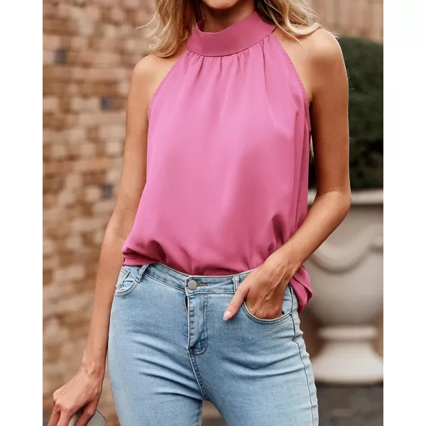 imageBTFBM 2023 Women Summer Sleeveless Tie Mock Neck Halter Tops Casual Bow Loose Tank Top Lightweight Dressy Blouse ShirtsSolid Pink